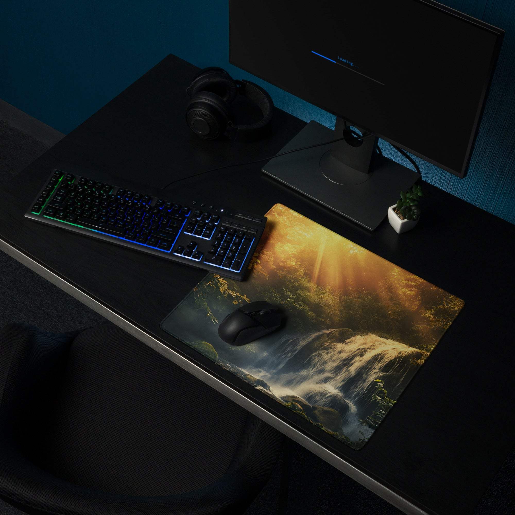 Large golden hour waterfall gaming mouse pad with non-slip base