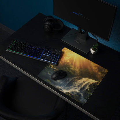Large golden hour waterfall gaming mouse pad with non-slip base