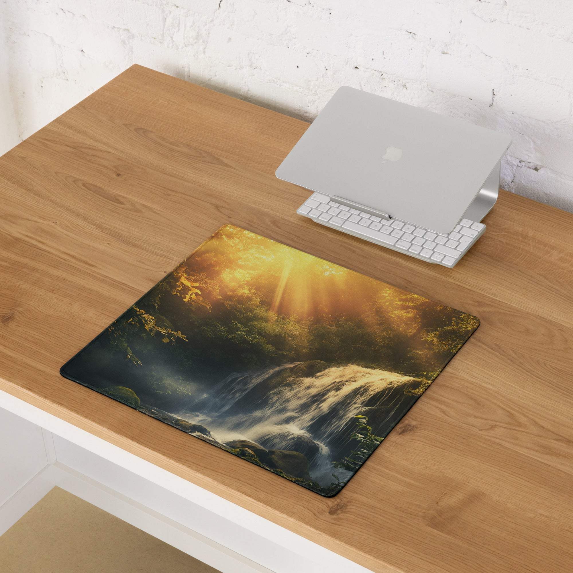 Nature Scene Golden Hour Waterfall Gaming Mouse Pad with Forest View