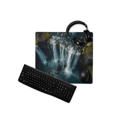 Black keyboard and mouse on moody waterfall gaming mouse pad