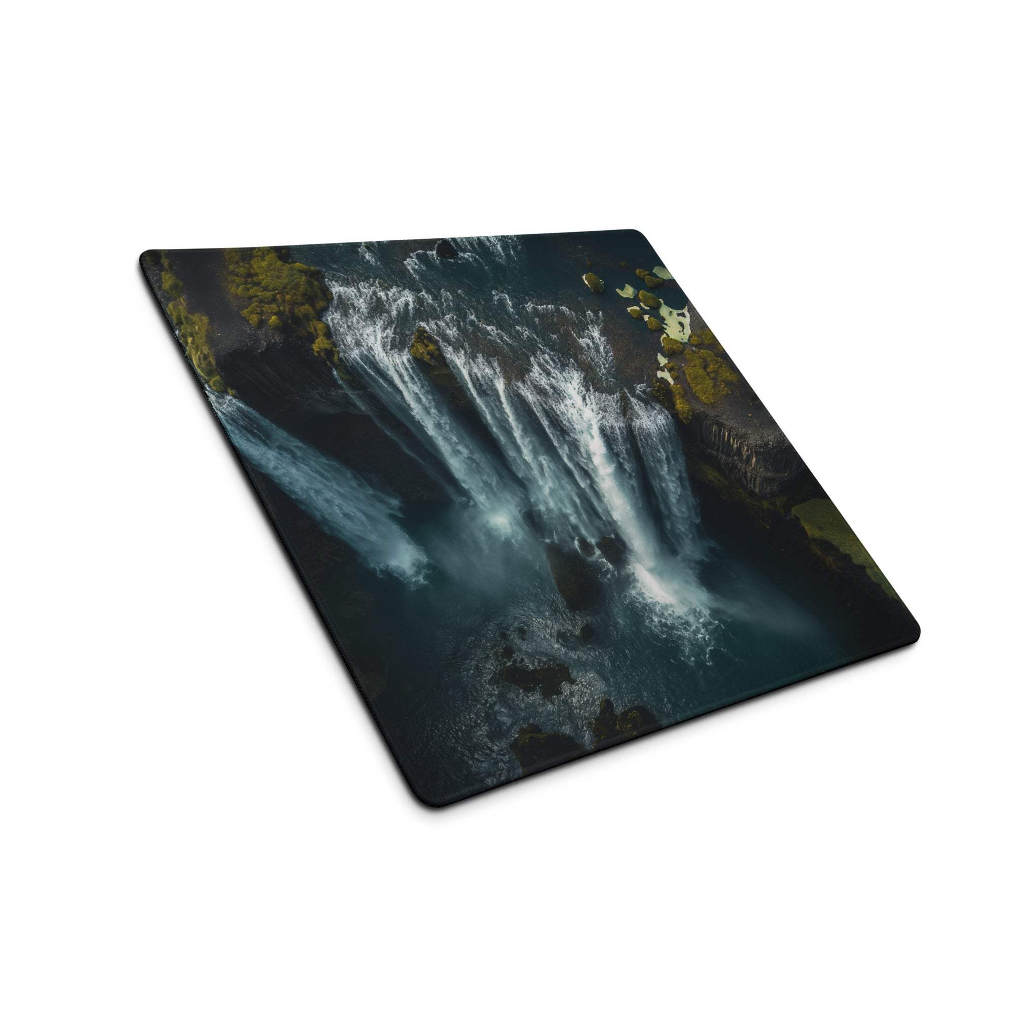 Moody waterfall gaming mouse pad with teal cascades, large non-slip surface