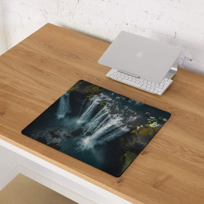 Moody waterfall gaming mouse pad with non-slip base, vivid teal cascades