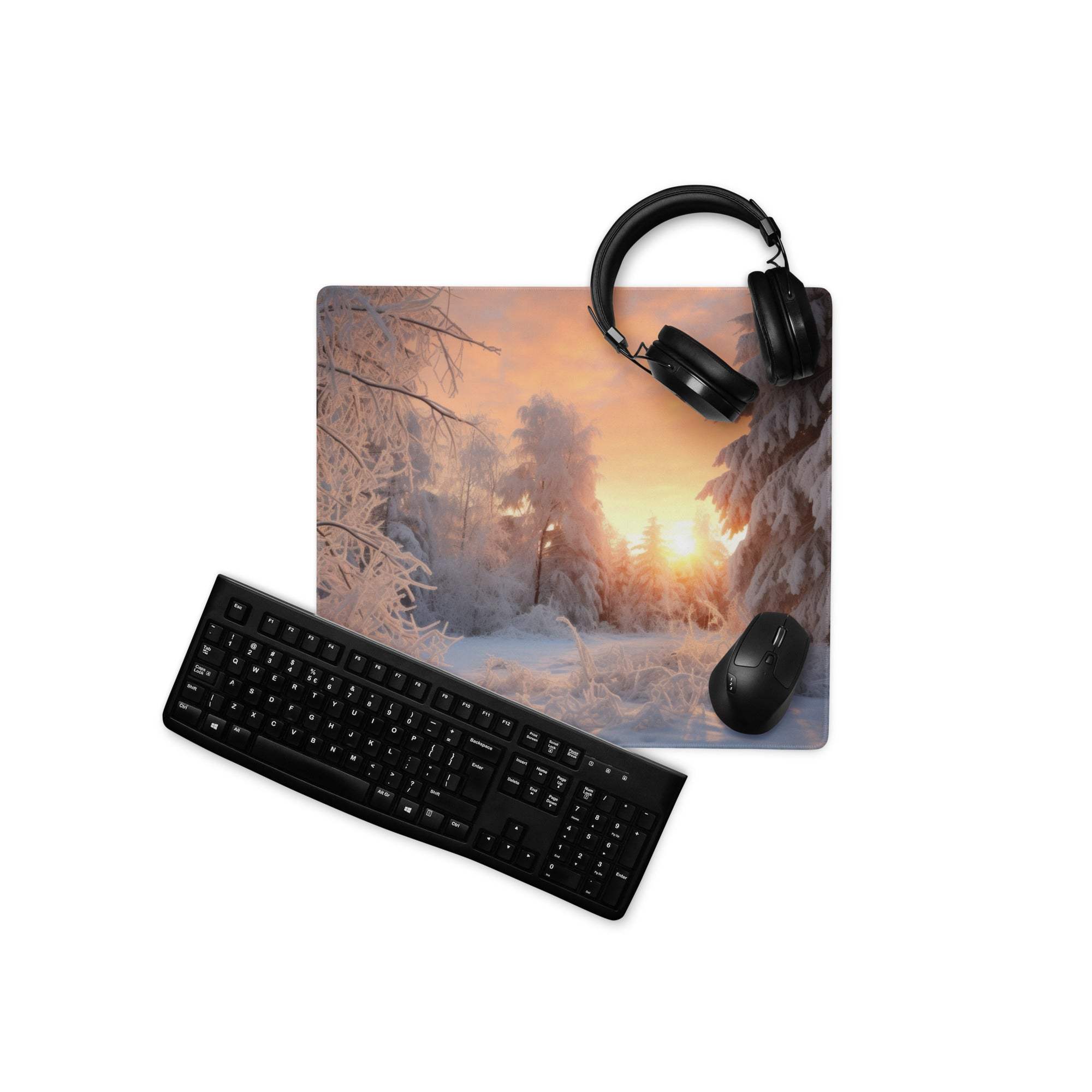 Winter Forest Sunrise gaming mouse pad with warm sunset glow