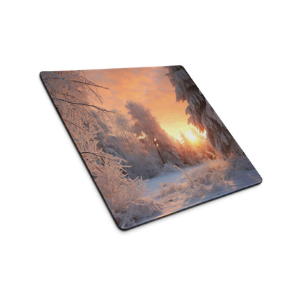Square Winter Forest Sunrise gaming mouse pad with snow trees and orange sunset glow
