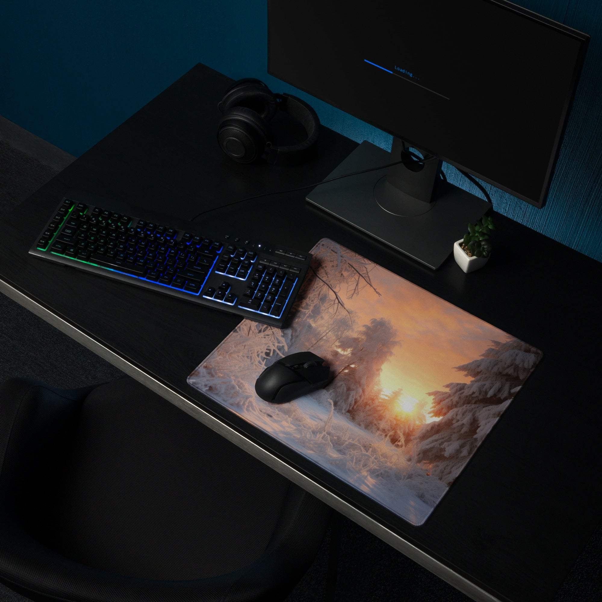 Winter Forest Sunrise gaming mouse pad with warm sunset glow and non-slip base