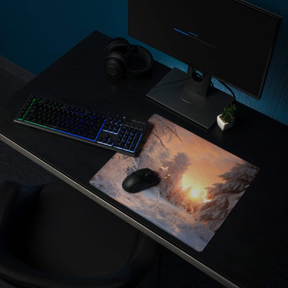 Winter Forest Sunrise gaming mouse pad with warm sunset glow and non-slip base