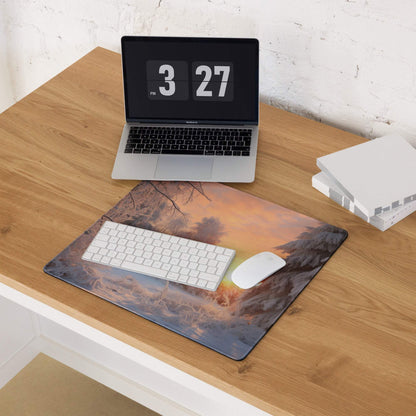Winter Forest Sunrise gaming mouse pad with warm sunset glow over silhouetted trees