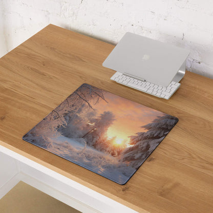 Winter Forest Sunrise gaming mouse pad with sunset glow and non-slip base