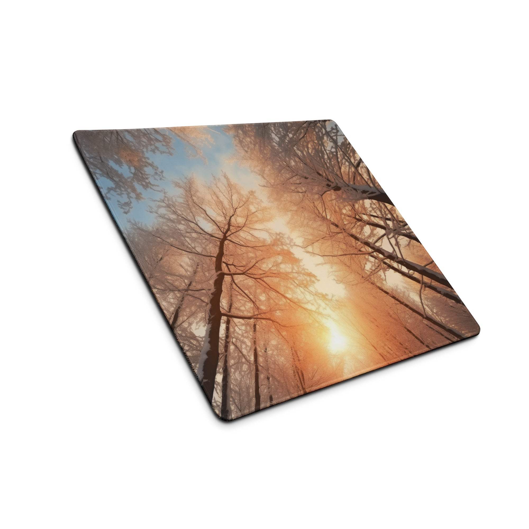 Forest Dawn large gaming mouse pad with sunrise tree branches glow