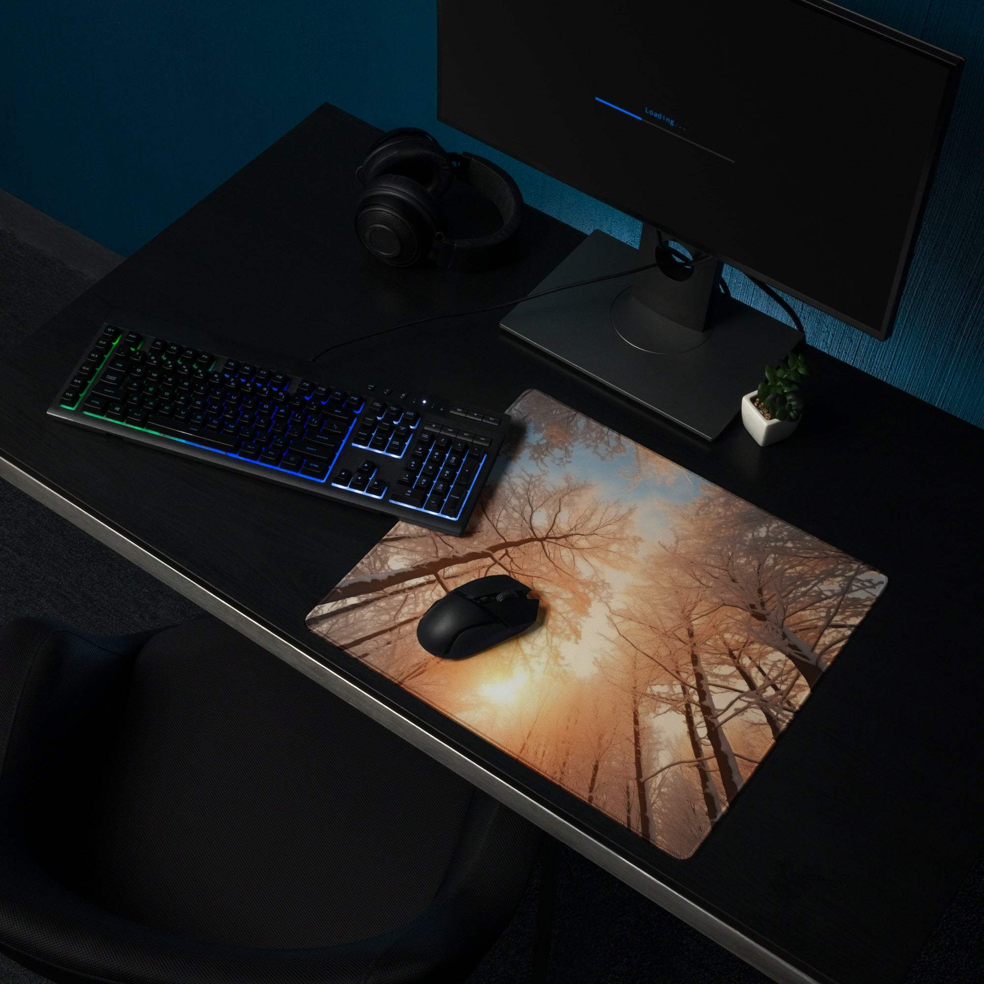 Forest Dawn Warm Orange Glow large gaming mouse pad with tree silhouettes