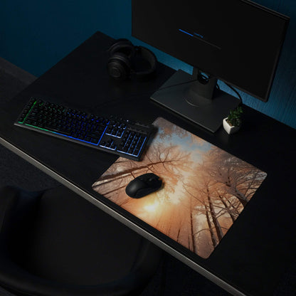 Forest Dawn Warm Orange Glow large gaming mouse pad with tree silhouettes