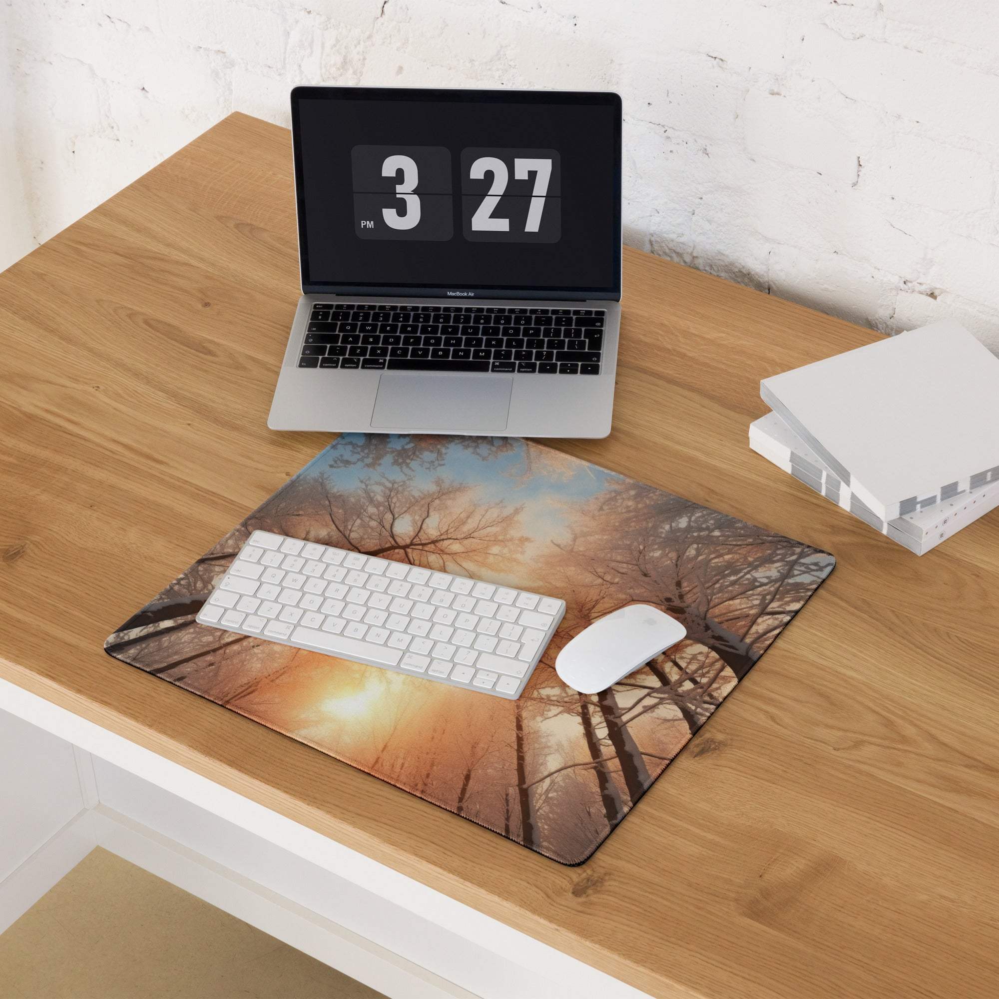 Forest Dawn Warm Orange Glow large gaming mouse pad with bare tree branches sunset design