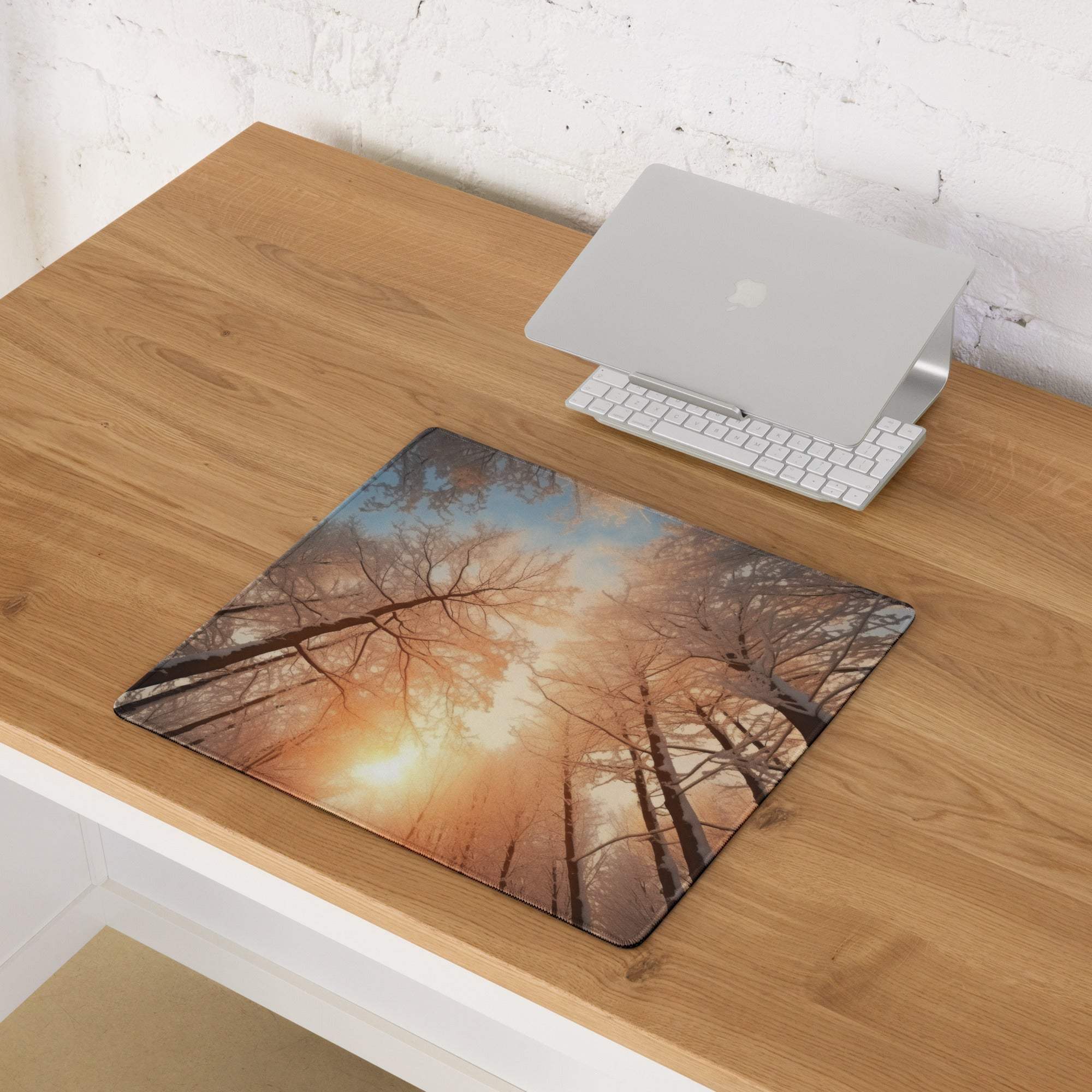 Forest Dawn Warm Orange Glow large gaming mouse pad with bare tree branches sunset sky
