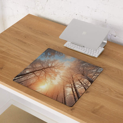 Forest Dawn Warm Orange Glow large gaming mouse pad with bare tree branches sunset sky