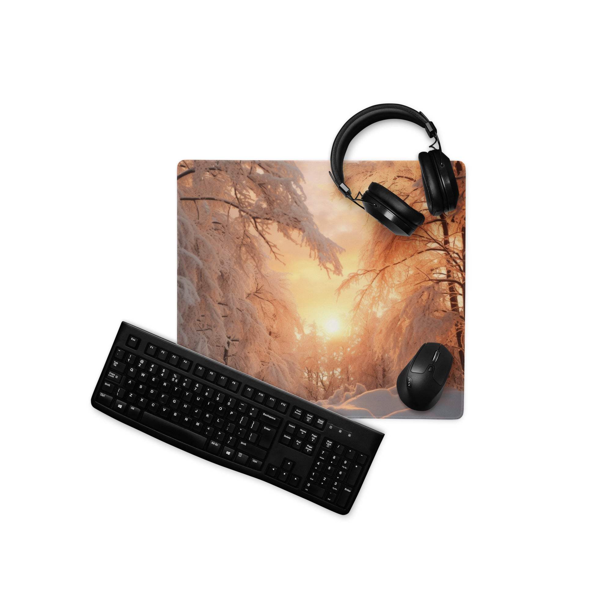 Black keyboard and mouse on large Winter Sunset Forest gaming mouse pad