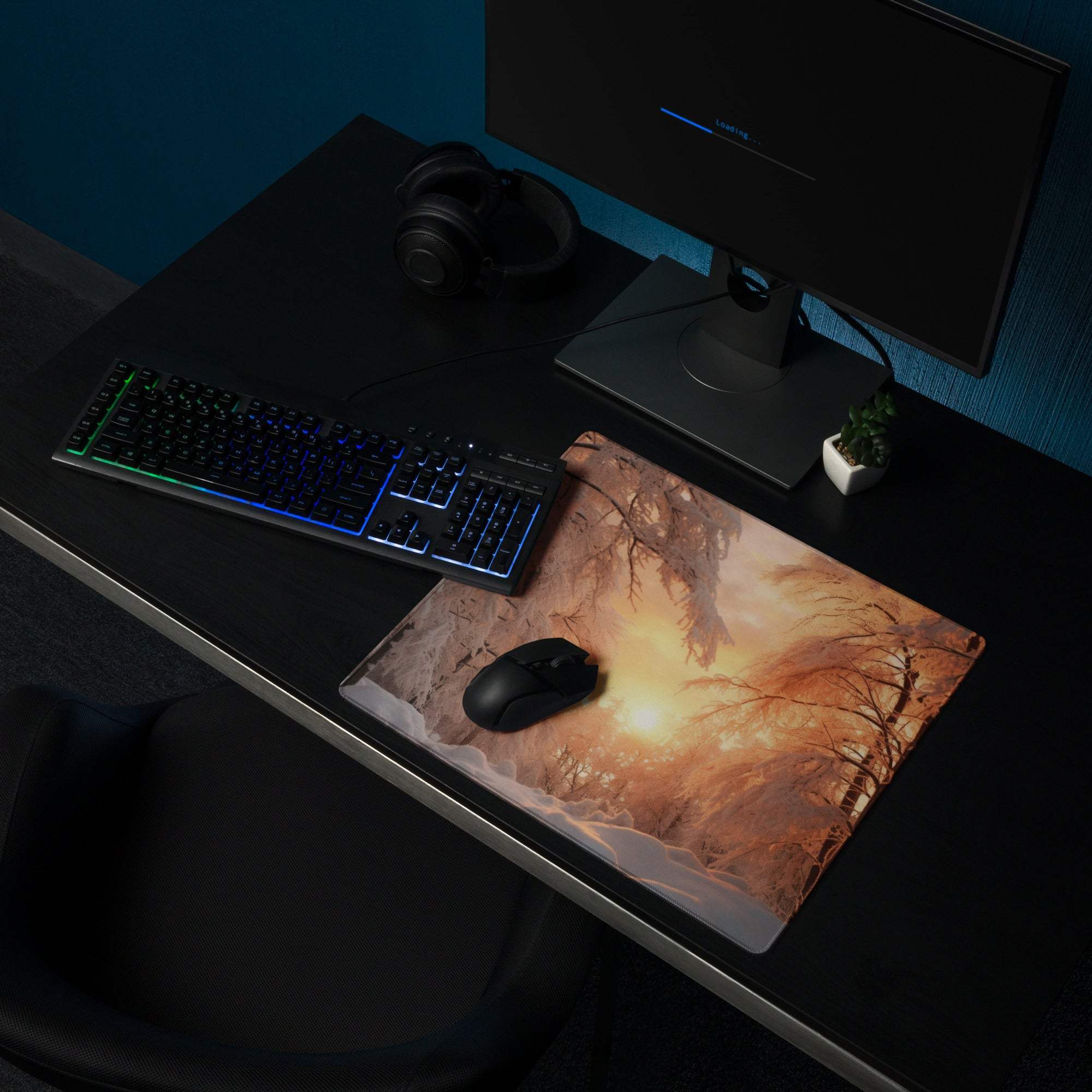 Winter sunset forest gaming mouse pad with non-slip base, large size