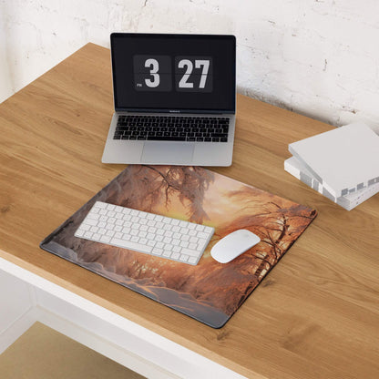 Large Winter Sunset Forest gaming mouse pad with autumn scene, non-slip base