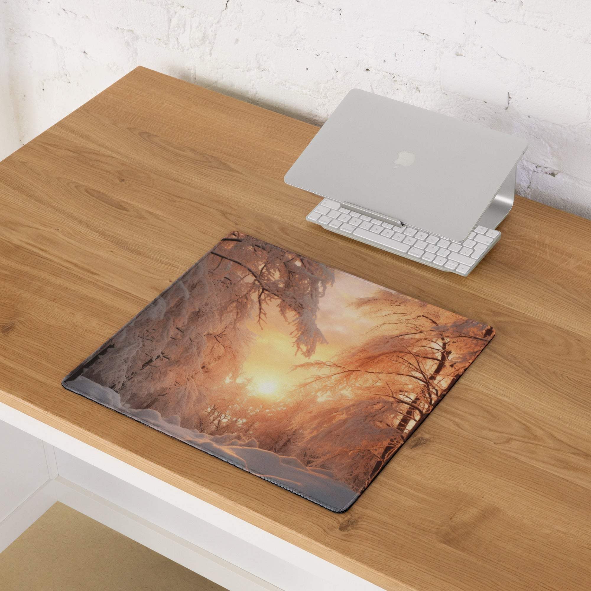 Winter sunset snowy forest large gaming mouse pad with non-slip base