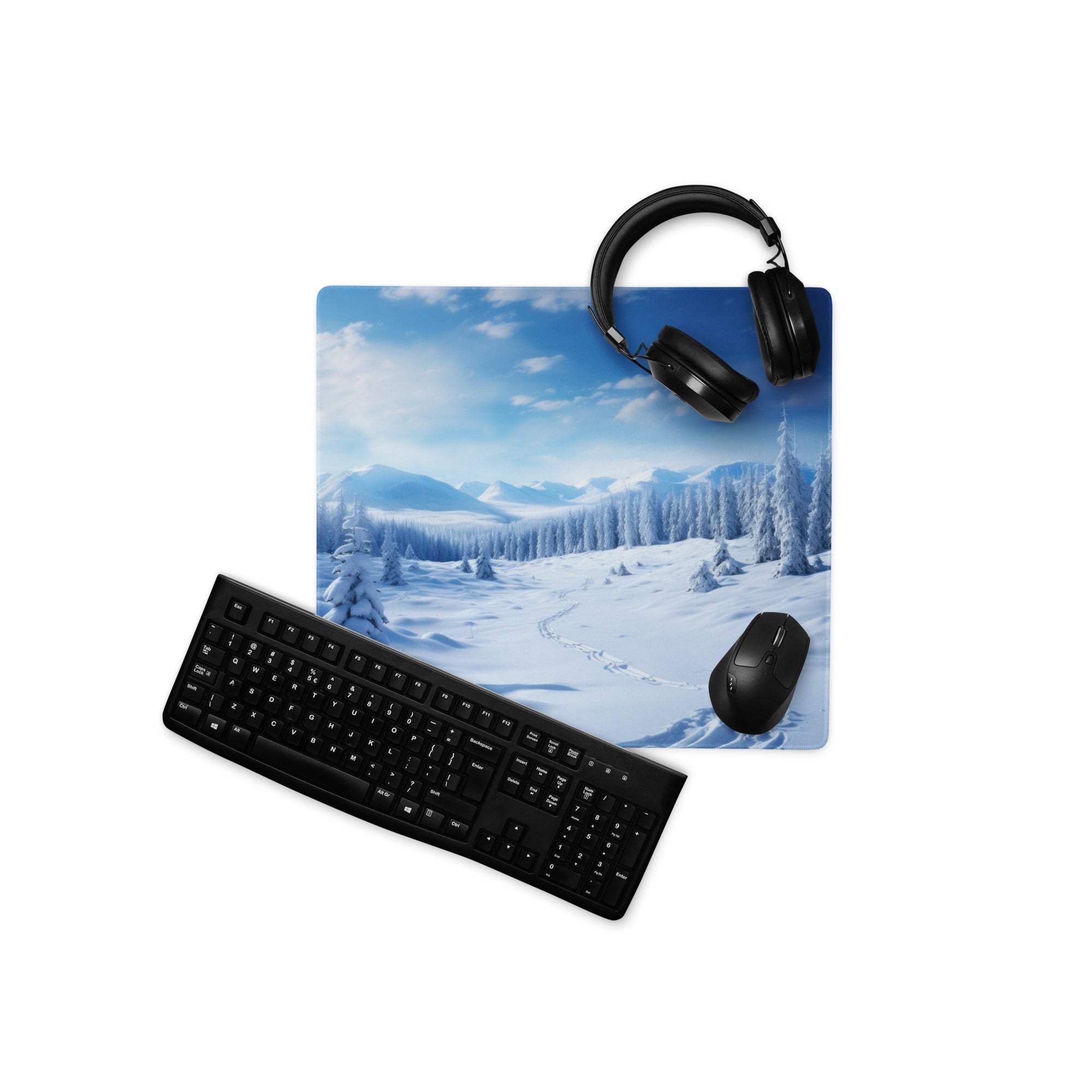 Black wireless gaming headset on Epic Winter Blue Snow Landscape mouse pad