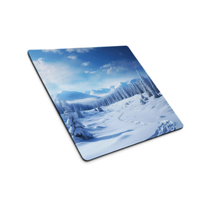 Epic Winter Blue snow-covered mountain gaming mouse pad with frosty trees