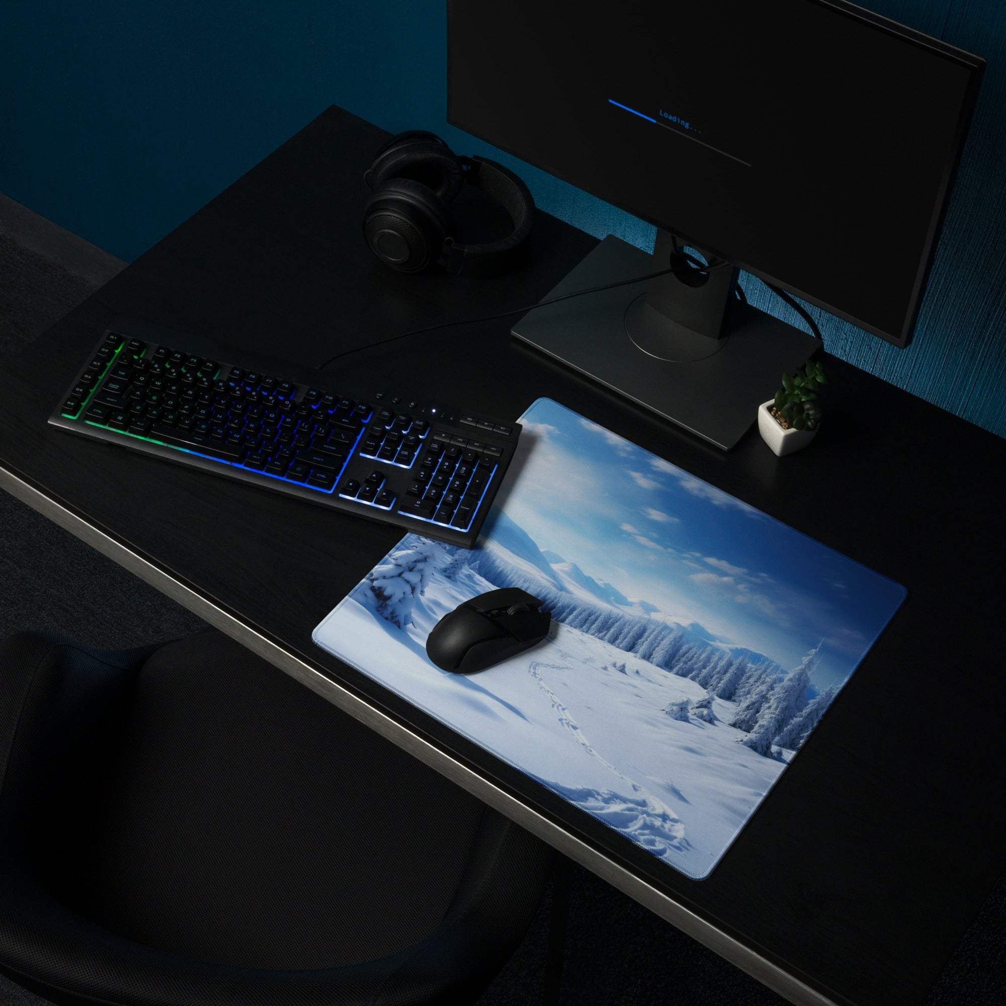 Epic Winter Blue Snow Landscape gaming mouse pad with mountains