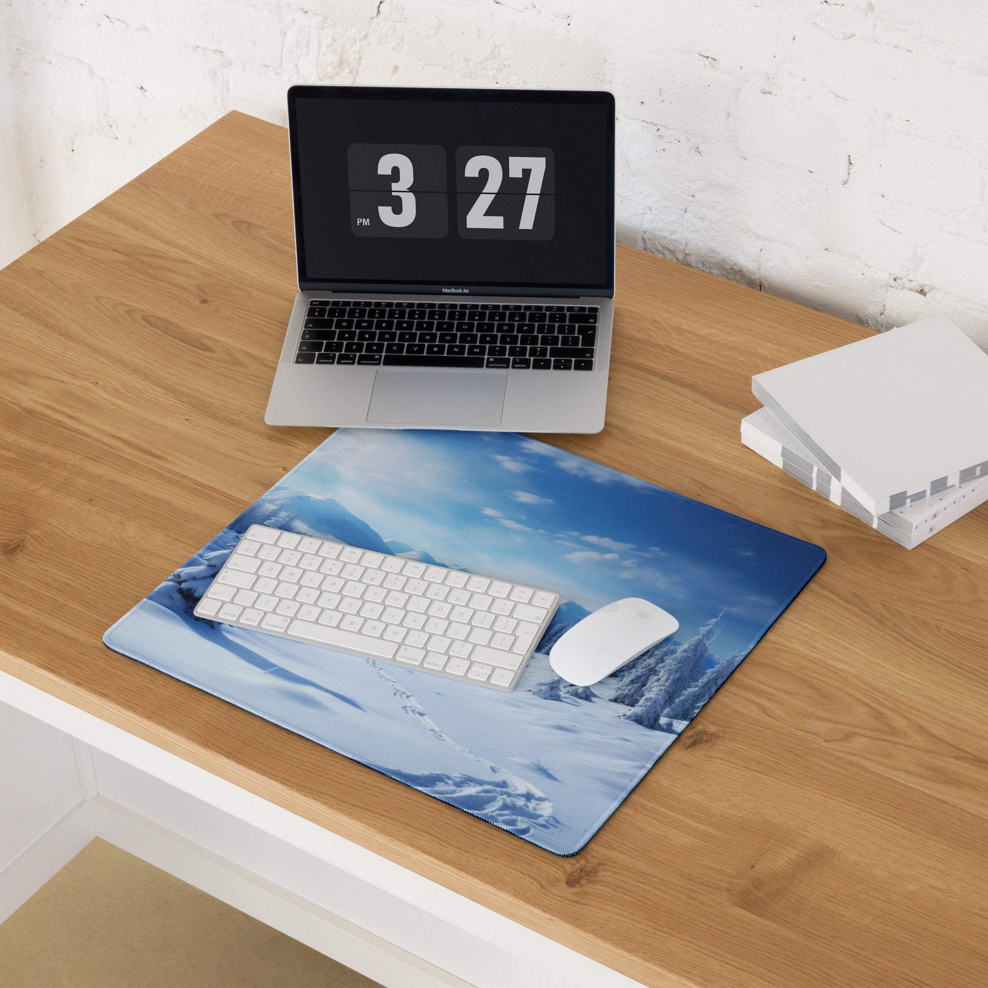 Epic Winter Blue Snow Landscape Gaming Mouse Pad with Keyboard and Mouse