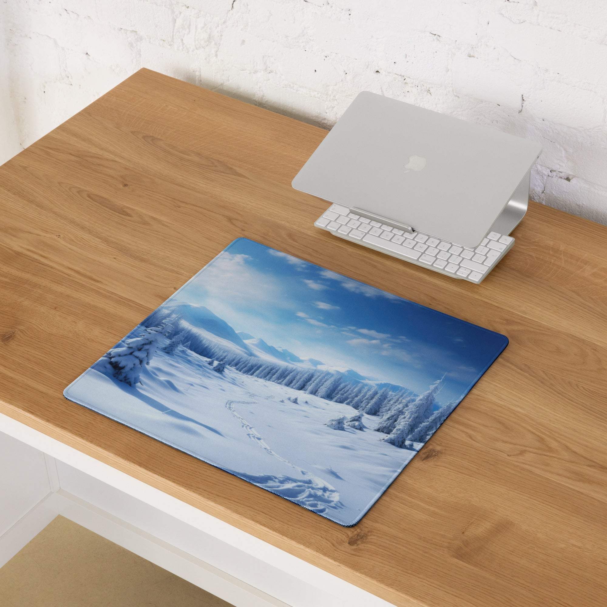 Blue snowy mountain landscape gaming mouse pad with non-slip base