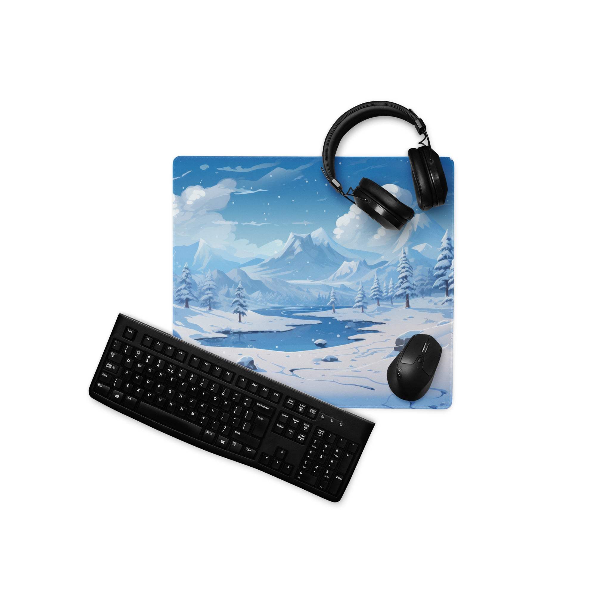 Blue winter landscape gaming mouse pad with snow-capped mountains, lake