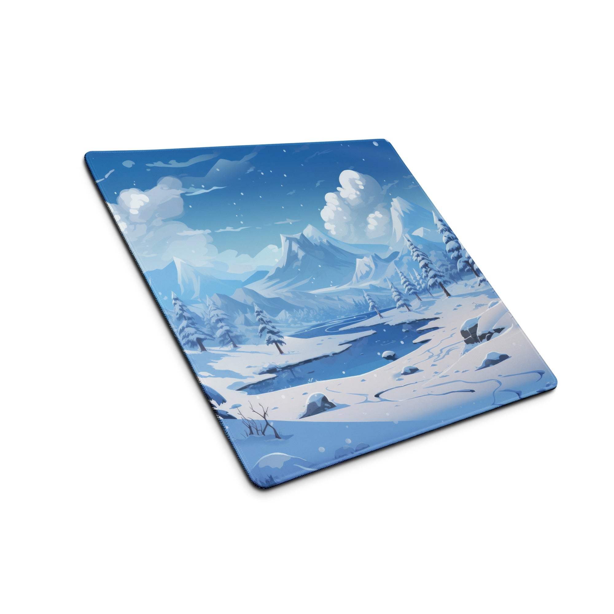 Blue winter landscape gaming mouse pad with snow-capped mountains, pine trees, frozen lake, starry sky, large non-slip base, stitched edges