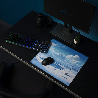 Blue snowy mountain landscape gaming mousepad with black wireless mouse