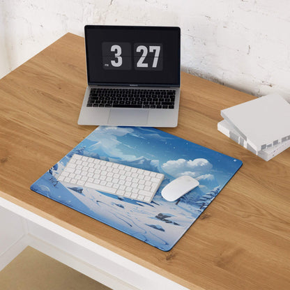 Blue winter landscape gaming mouse pad with white keyboard and mouse