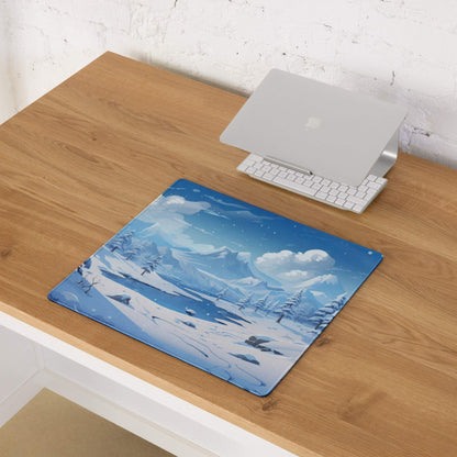 Blue winter landscape gaming mouse pad with snow mountains and pines
