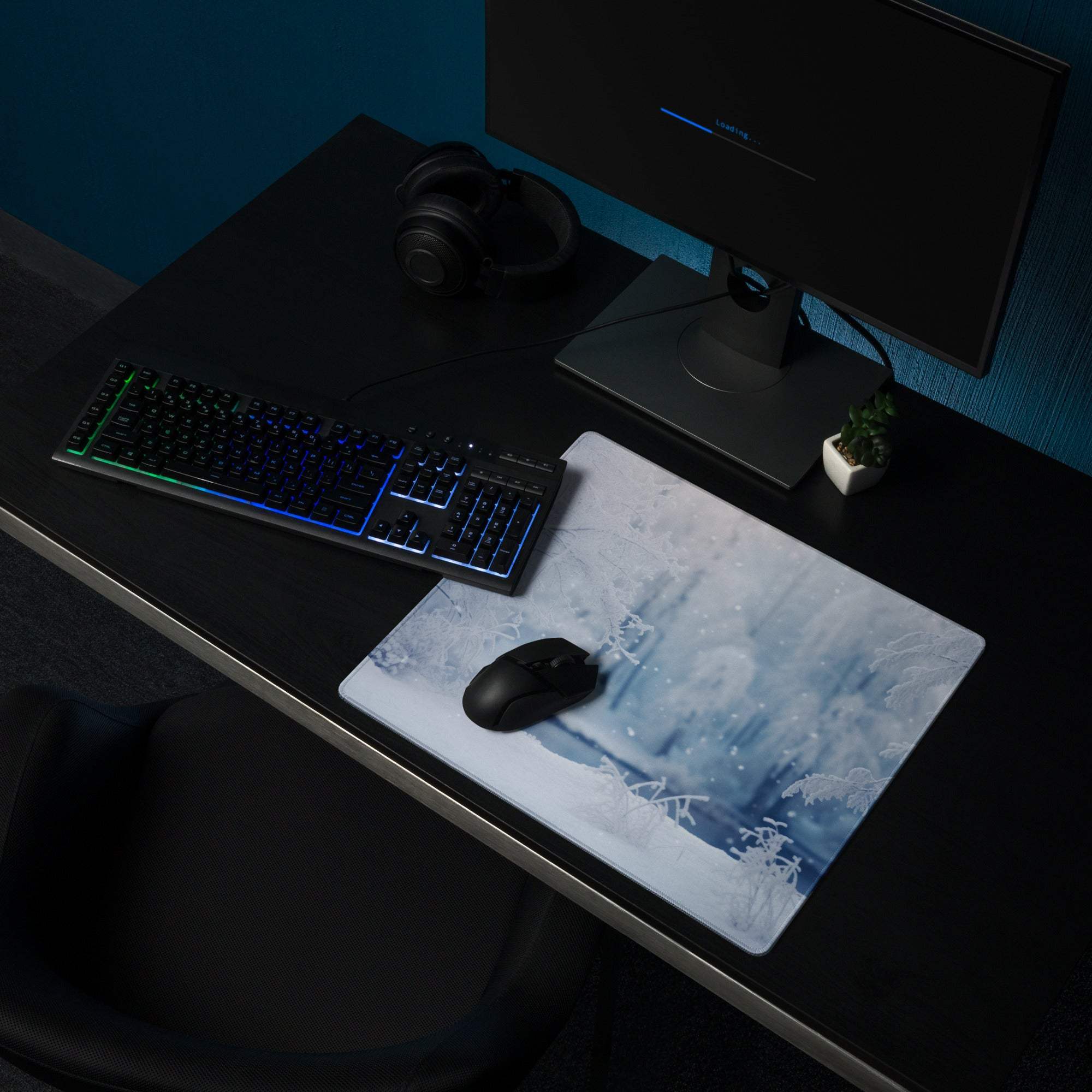 Blue and white winter forest gaming mouse pad with non-slip backing