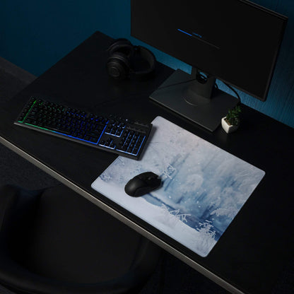 Blue and white winter forest gaming mouse pad with non-slip backing
