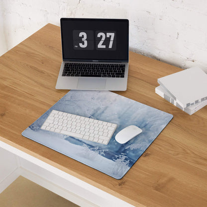 Frosty blue winter forest gaming mouse pad with snowflake design