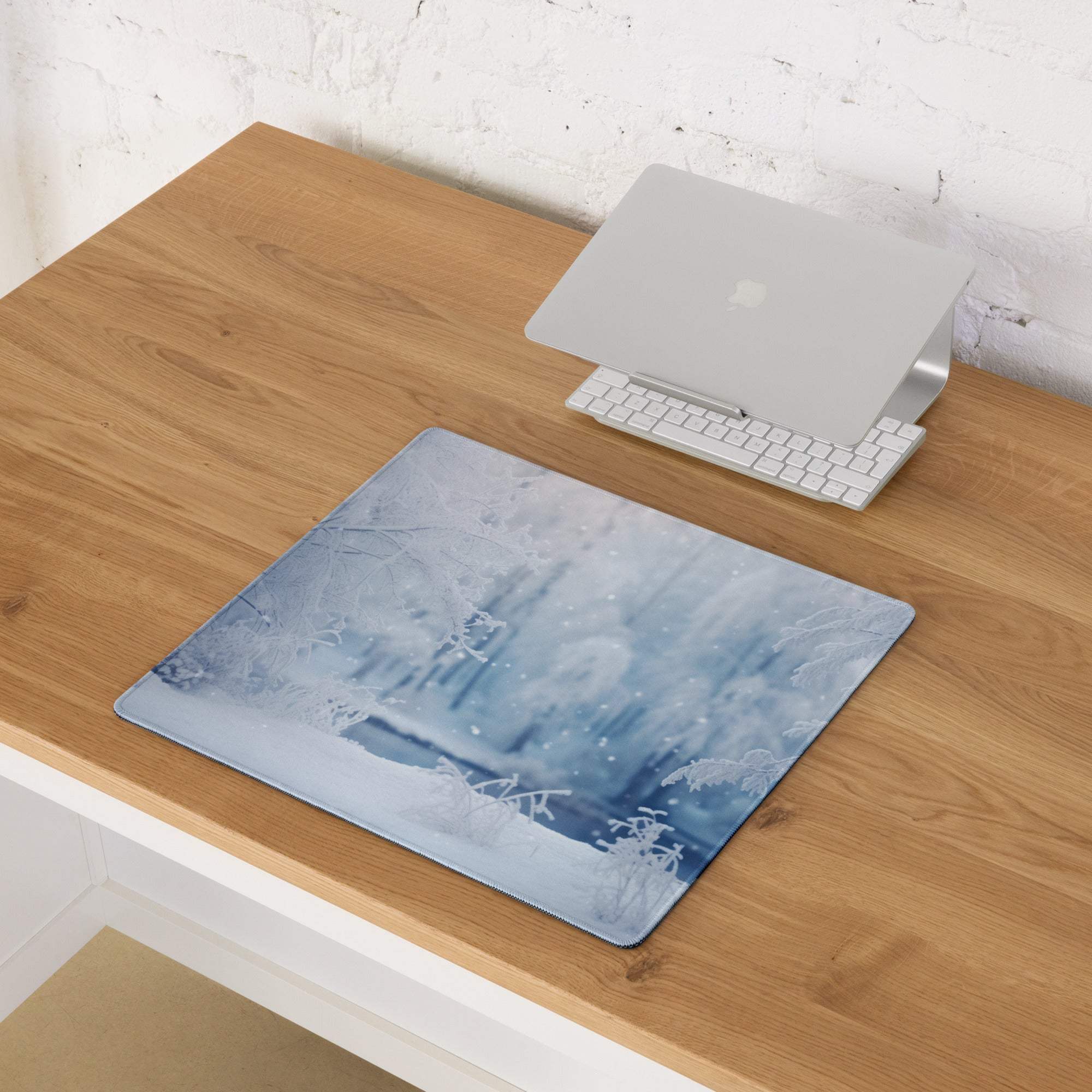 Frosty blue winter forest gaming mouse pad with frosty branches and snowflakes