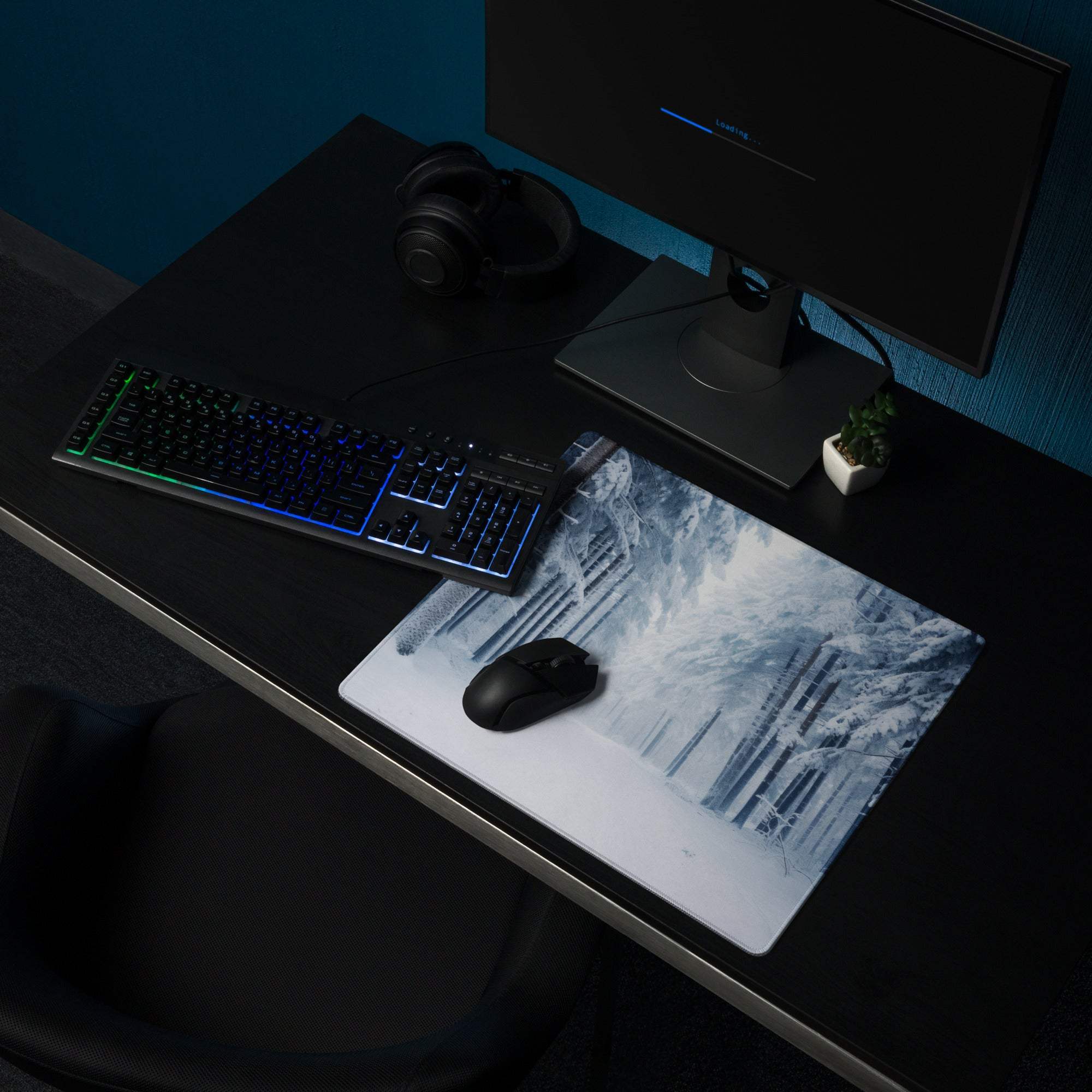 Winter Forest cool blue gaming mouse pad with snow trees grayscale design