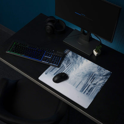 Winter Forest cool blue gaming mouse pad with snow trees grayscale design