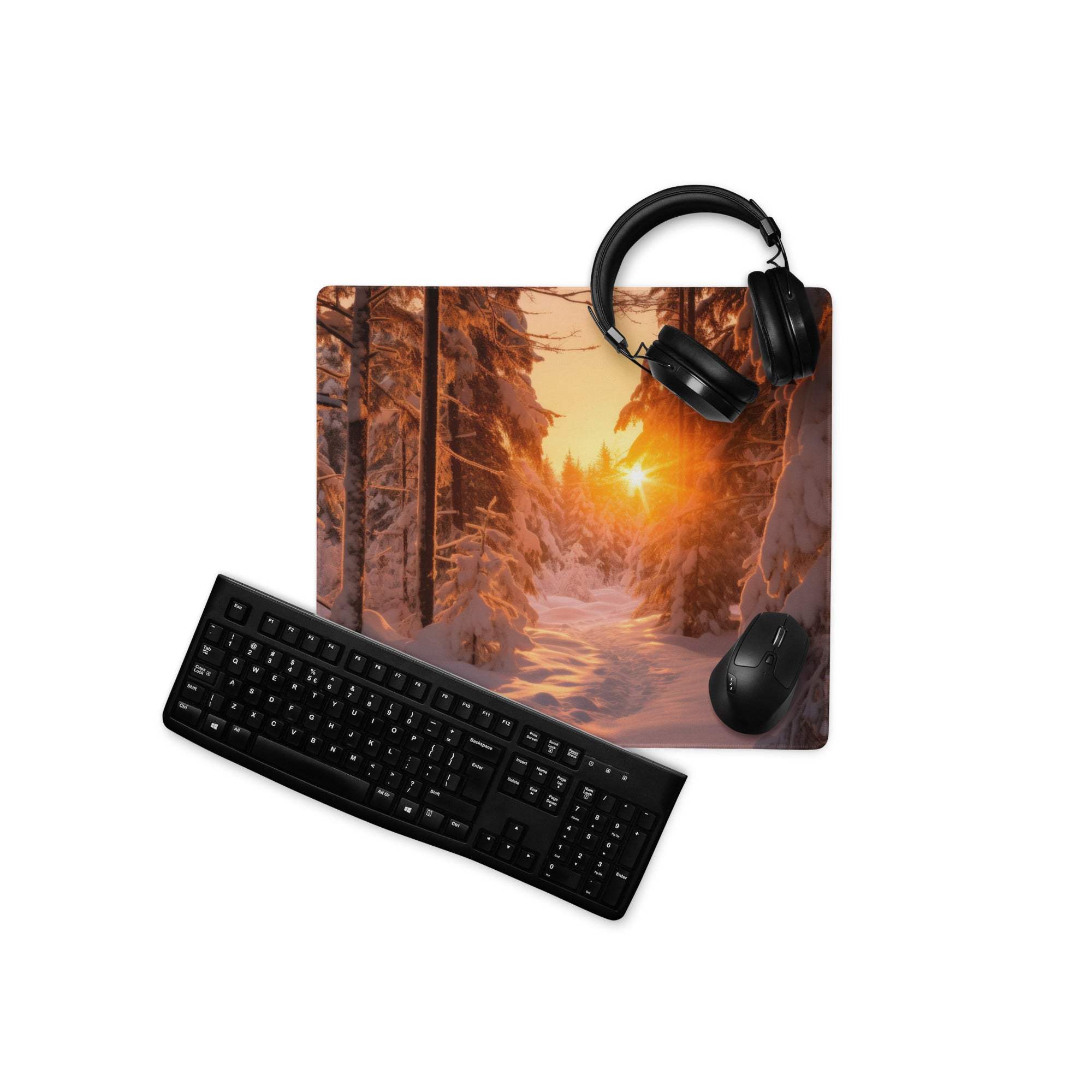 Vivid snowy forest sunrise gaming mouse pad with black keyboard and mouse