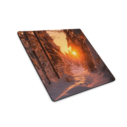Vivid snowy forest sunrise gaming mouse pad with orange glow