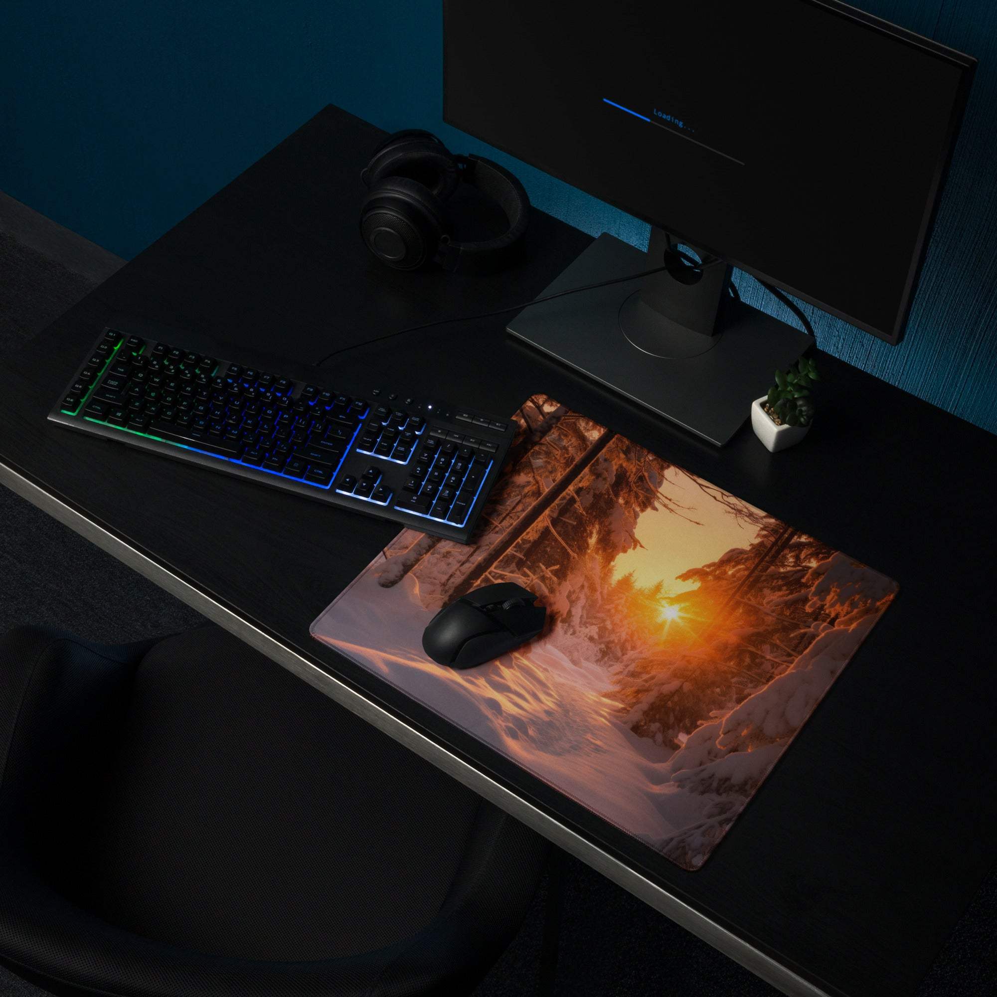 Vivid snowy forest sunrise gaming mouse pad with warm orange glow