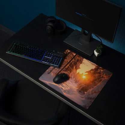 Vivid snowy forest sunrise gaming mouse pad with warm orange glow