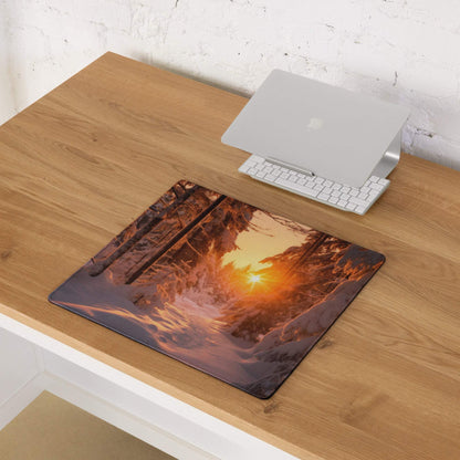 Vivid snowy forest sunrise gaming mouse pad with warm orange glow