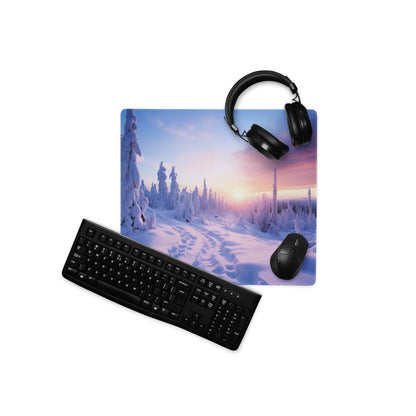 Large Winter Landscape gaming mouse pad with purple sunset trees, headphones, keyboard