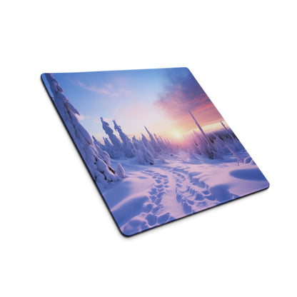 Large gaming mouse pad with winter landscape, purple sunset, edge stitching, non-slip base