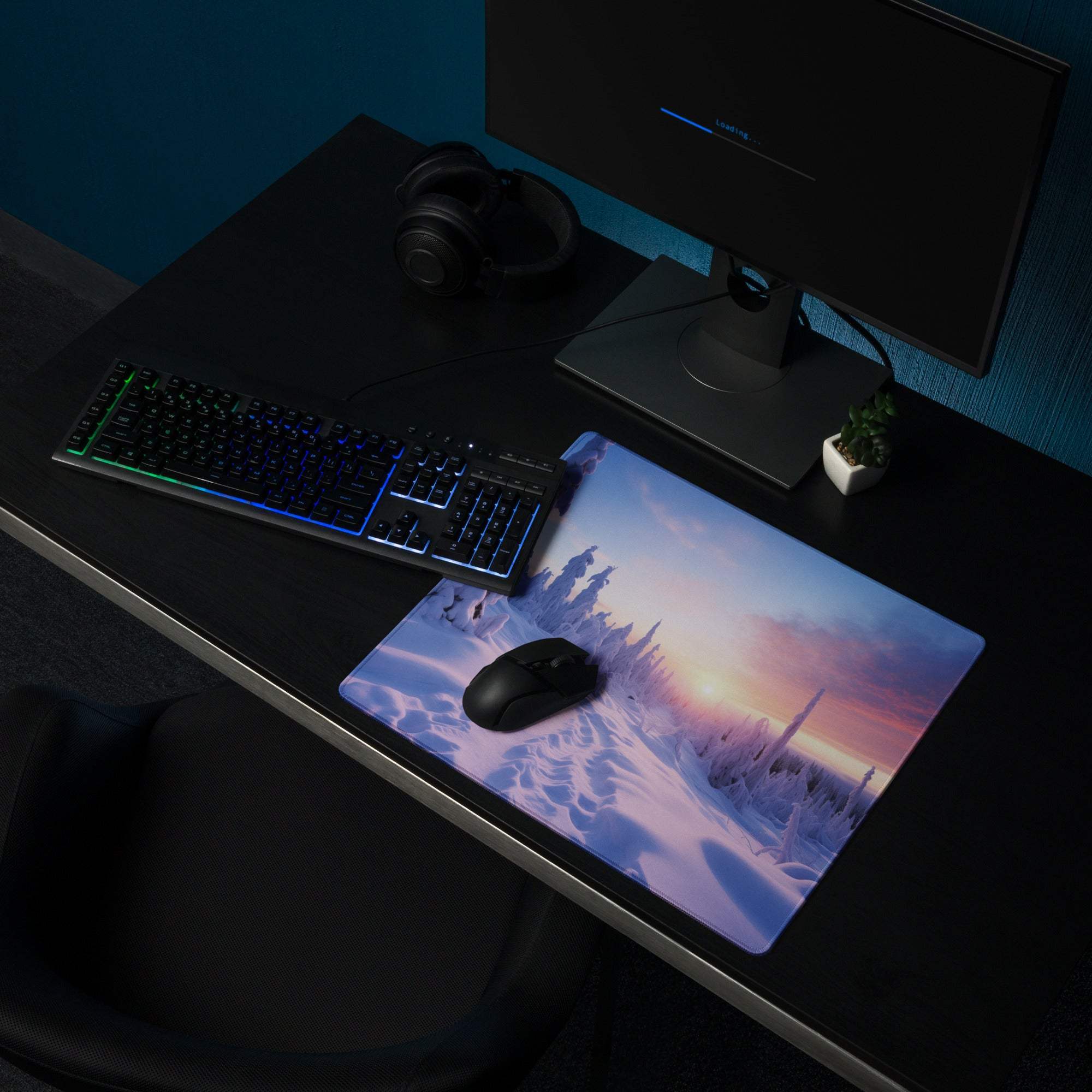 Large icy purple sunset winter landscape gaming mouse pad with edge stitching