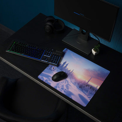 Large icy purple sunset winter landscape gaming mouse pad with edge stitching