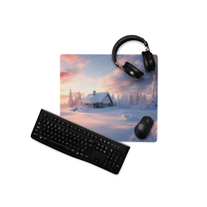 Extended gaming mouse pad with winter sunset house, snow, non-slip base
