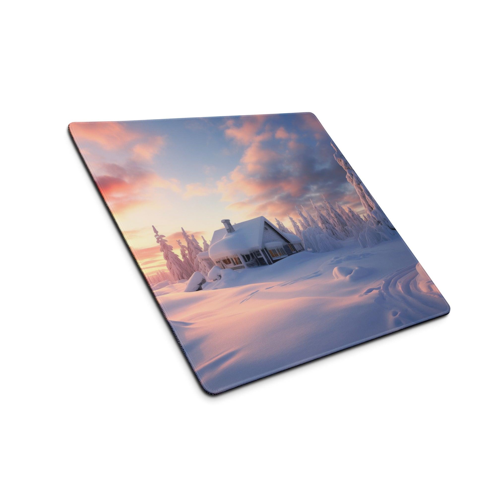 Snow-covered cabin extended gaming mousepad with winter sunset skies