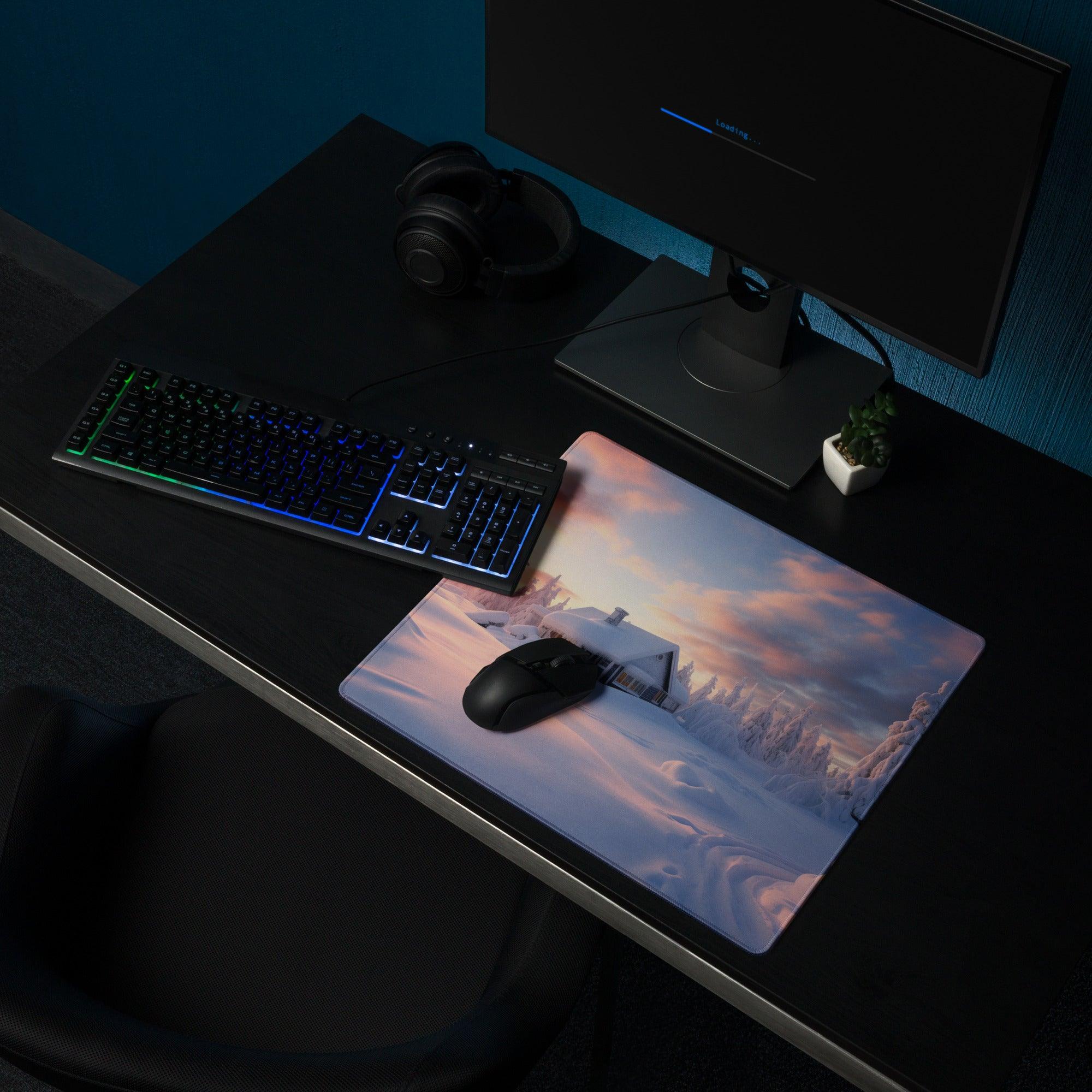 Extended gaming mouse pad with winter sunset landscape, non-slip base